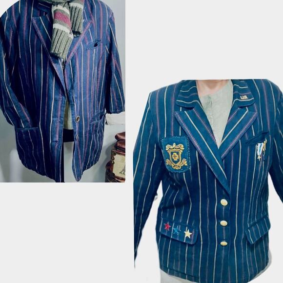 Women Vintage Custom Military Blazer  Reworked one of one Navy w-pinstripes gold - Picture 15 of 15